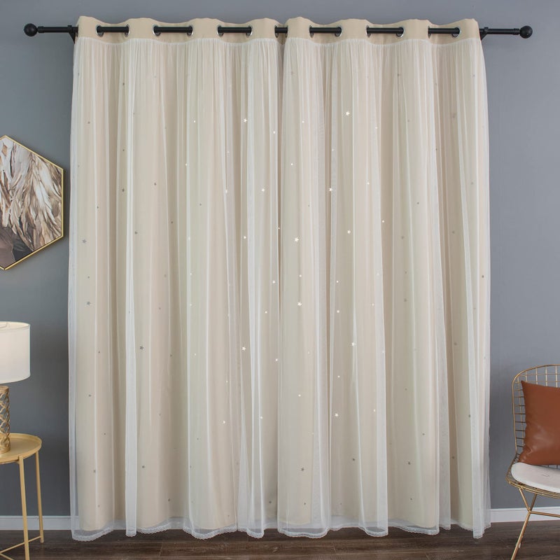 Kinryb Blackout Curtains for Girl Bedroom/Living Room/Classroom, Sheer Overlay 63 Inches 2 Panel Set, Double Layer Curtains with Star Cutout for Kids Room(W 52 x L 63 Inches,Beige 2 Pcs) - Image 3